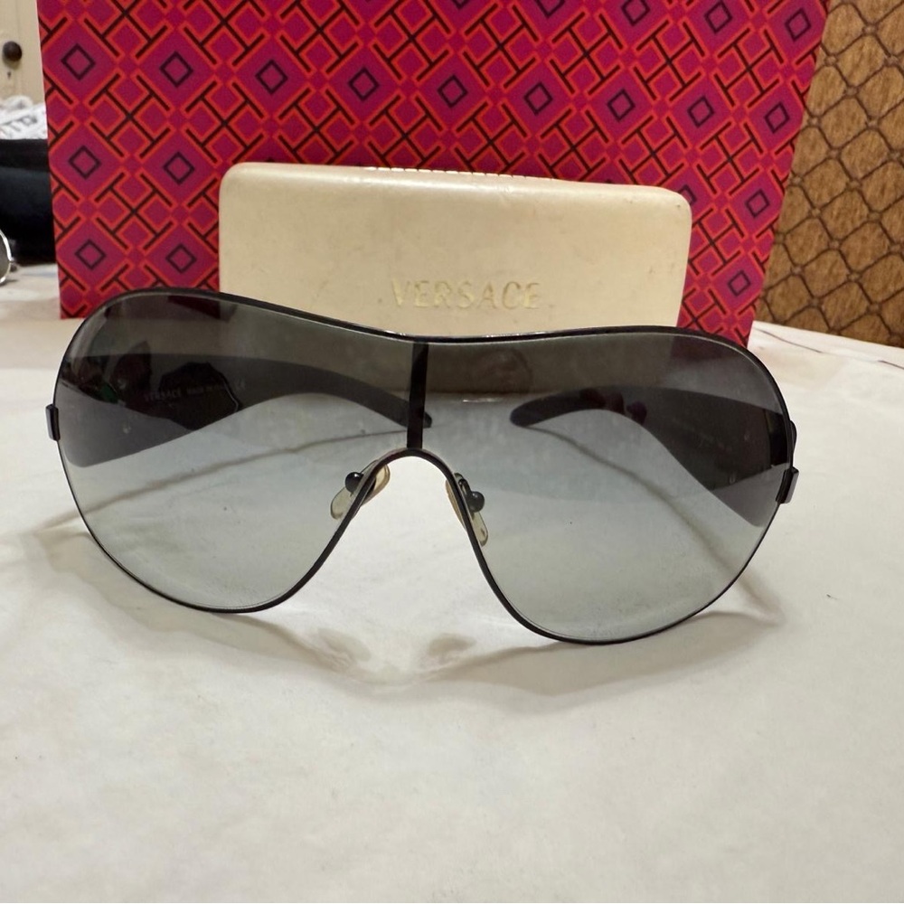 Versace Black Gradient Shield Sunglasses with Silver Accents